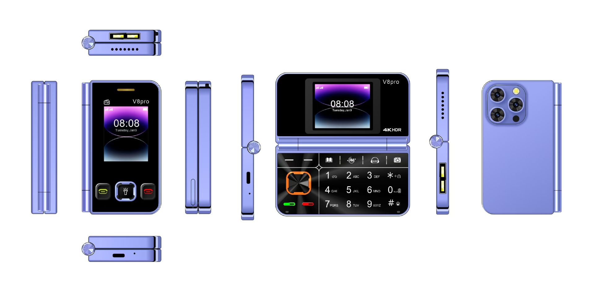 V8pro Dual Screen Folding Flip Function Mobile Phone