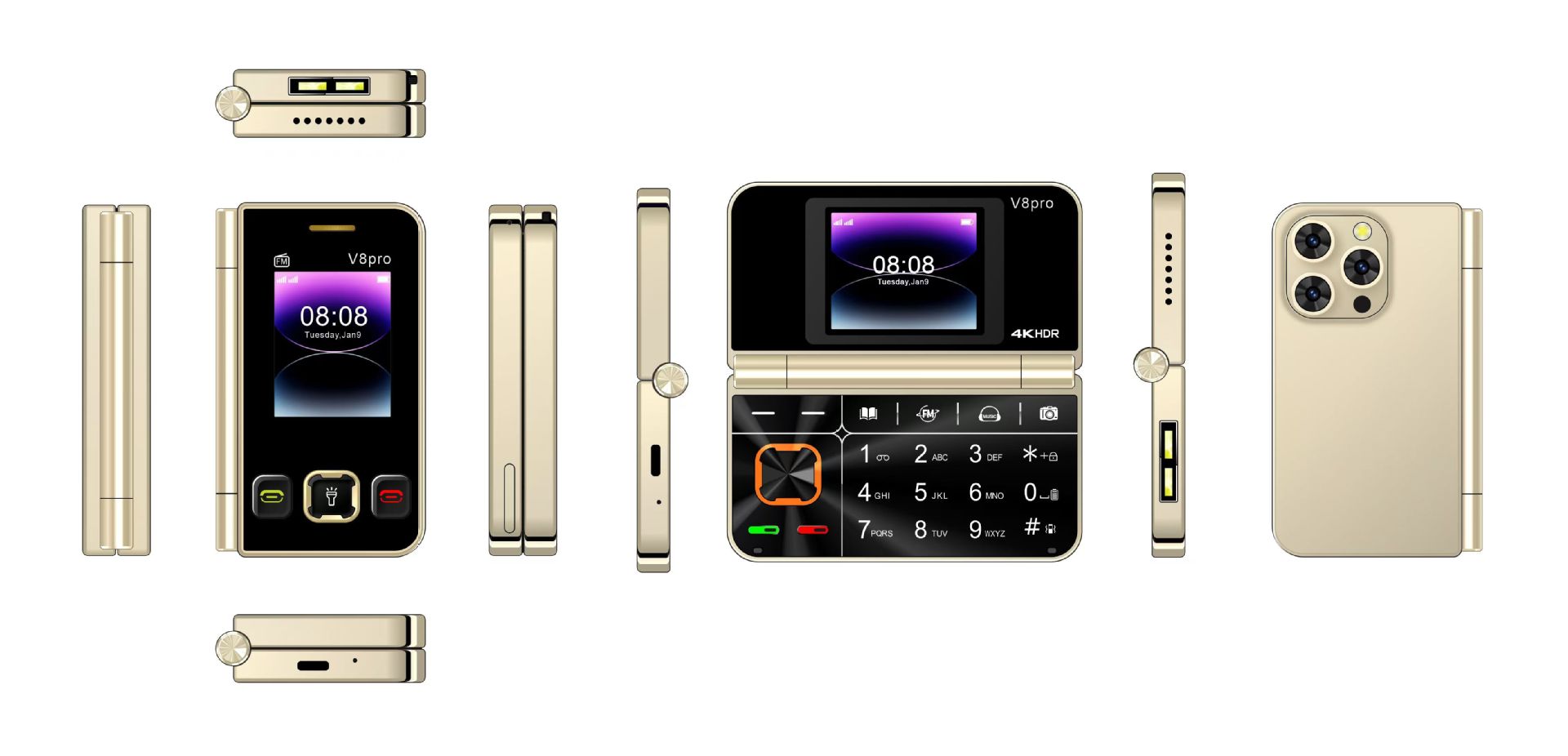 V8pro Dual Screen Folding Flip Function Mobile Phone