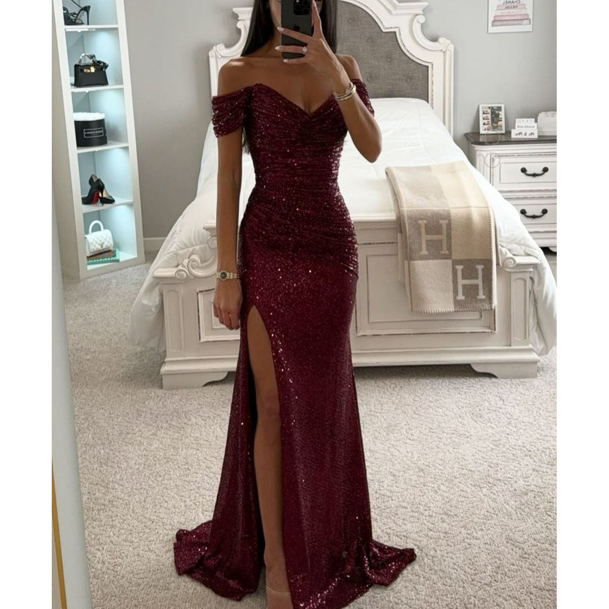 Party Sequins Off-neck Split Dress INS Casual Fashion Dress Women Charming Slimming Dress For Women